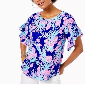 Lilly Pulitzer Darlah Top in Lileeze Print Corsica Blue Womens size XXS